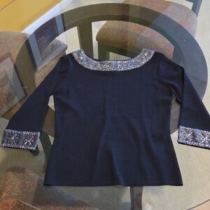Quest-Ce Que C'est Vintage Chic Black Blouse with Silver BeadDetailing